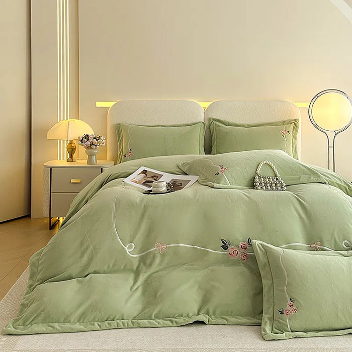 Anyhouz Duvet Cover Set Light Green Flat Bed Sheet Soft Heavy Fluffy Floral Embroidery Quilt Bedding