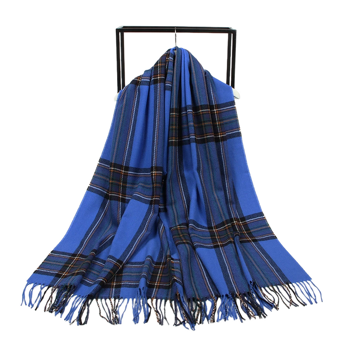 Anyyou Scarf Blue Plaid Cashmere Winter Pashmina Shawl Tassel Bandana