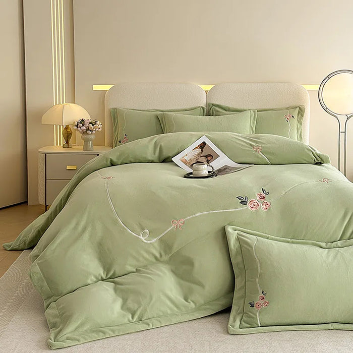 Anyhouz Duvet Cover Set Light Green Flat Bed Sheet Soft Heavy Fluffy Floral Embroidery Quilt Bedding