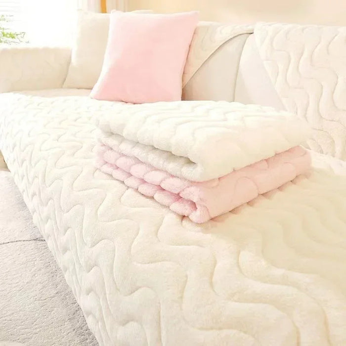 Anyhouz Sofa Towel Super Soft Wave Beige Rabbit Plush Quilted Couch Cover L-shaped Sectional Anti-slip Sofa Cover