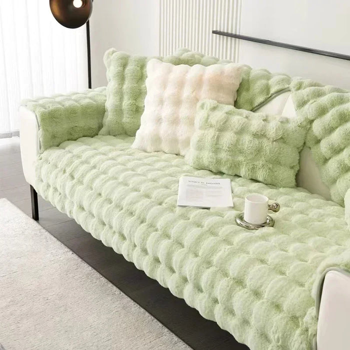 Anyhouz Sofa Towel Super Soft Rabbit Plush Light Green Thicken Bubble Velvet Non-slip Sectional Sofa Cover Non-slip L-shaped Couch Cover