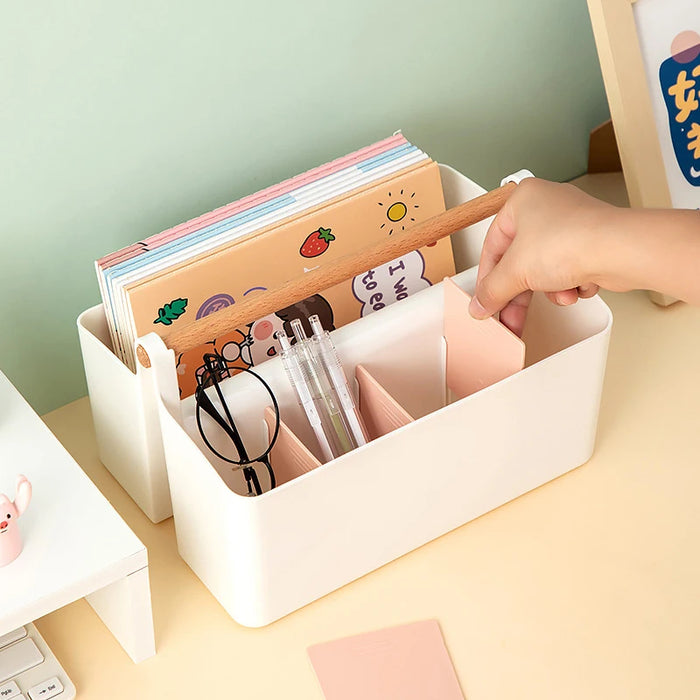 Anyhouz Storage Box Yellow Desktop Stationery Organizer with Handle Multi Grid Marker Pen Holder