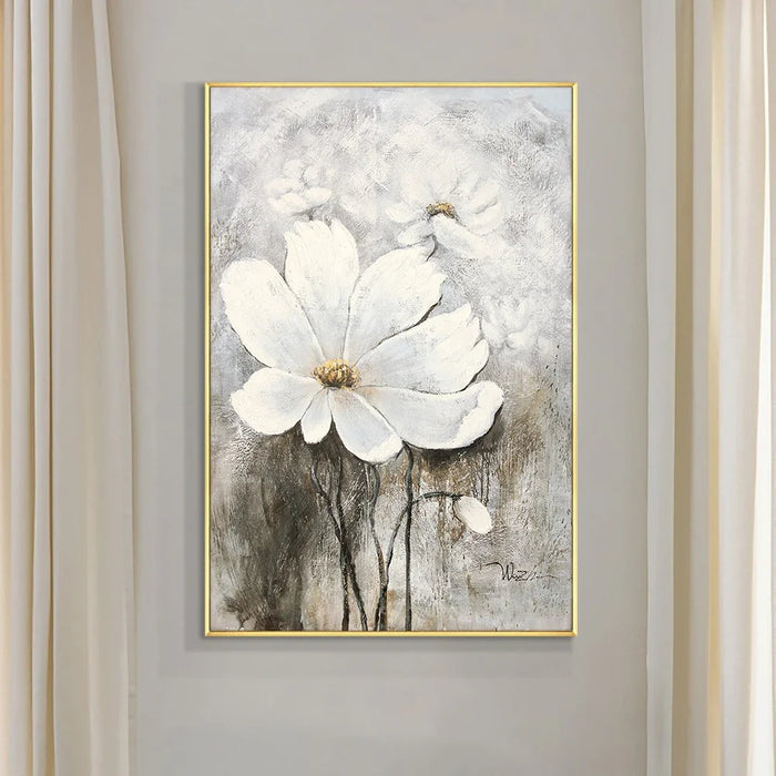 Anyhouz Canvas Art Hand Painted White Floral Reverie Abstract Artwork For Contemporary Spaces