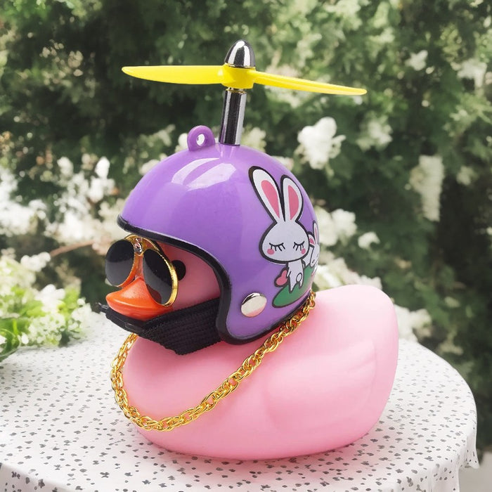 Anypack Car Ornaments Rubber Pink Duck for Car Dashboard Decorations Cool Glasses Duck with Rabbit Purple Propeller Helmet Gold Chain