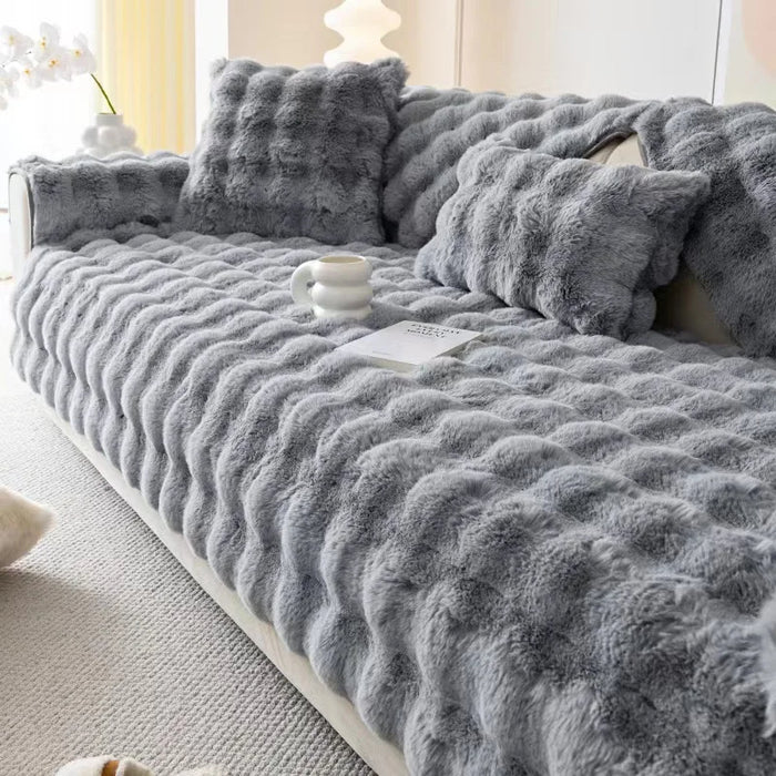 Anyhouz Sofa Towel Super Soft Rabbit Plush Gray Thicken Bubble Velvet Non-slip Sectional Sofa Cover Non-slip L-shaped Couch Cover