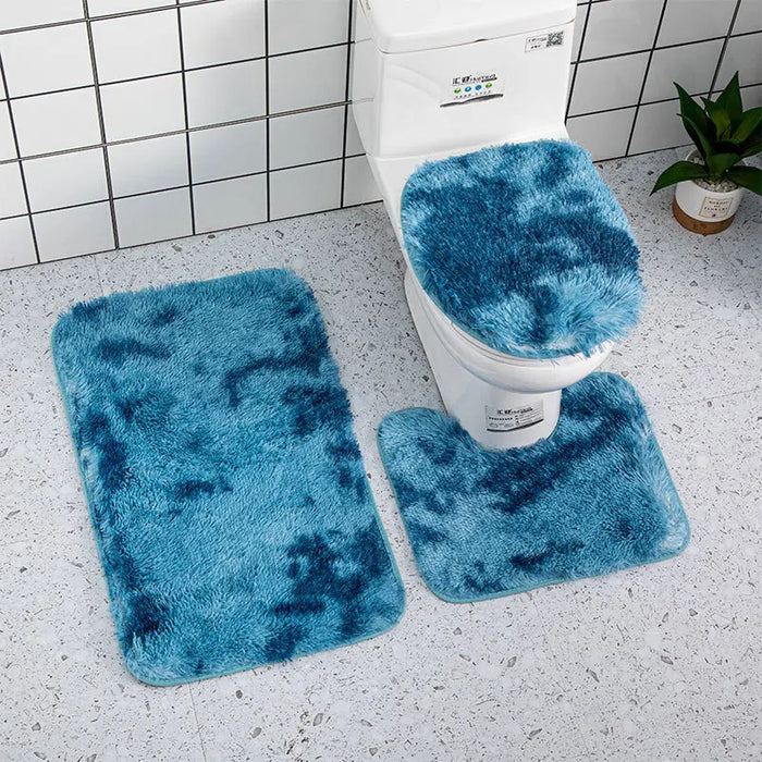 Anyhouz Bath Mat 3pc Dye Blue Bathroom Silk Tie-Dye Toilet Soft Non Slip Rug Shower Carpets Toilet Lid Cover Floor Mats for Hallway