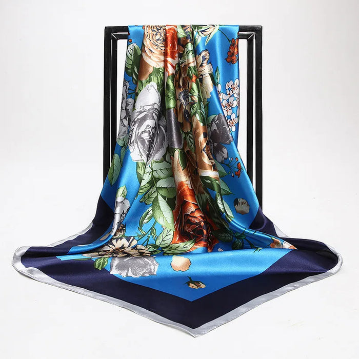 Anyyou Scarf for Women Peony Blue Printed Polyester Silk Big Square Silk 90*90cm Satin For Spring Summer Autumn Winter