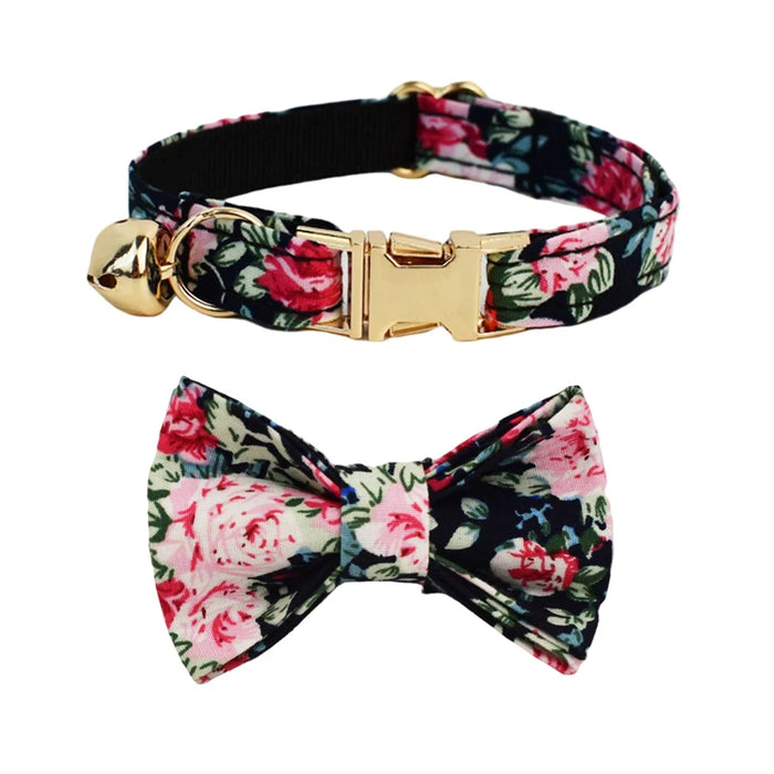 AnyWags Cat Collar Floral Black Bow Small with Safety Buckle, Bell, and Durable Strap Stylish and Comfortable Pet Accessor