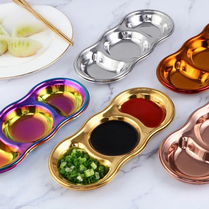 Anygleam Gold Stainless Steel 3 Grid Seasoning Sauce Dish Plates Dipping Kitchenware