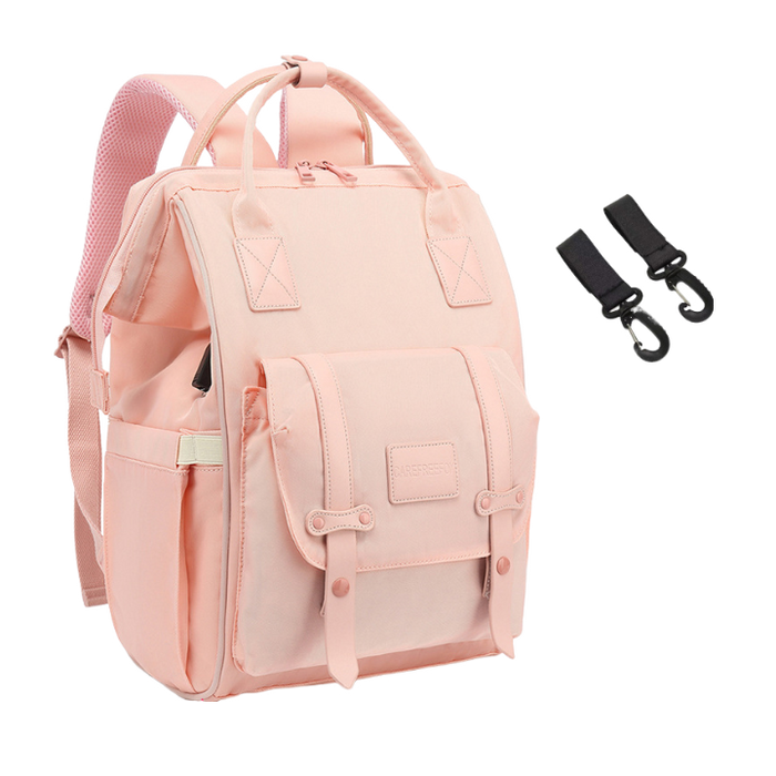 Anymom Mommy Diaper Bag Pink Backpack 2Pcs Stroller Hook with Internal USB Charging Port