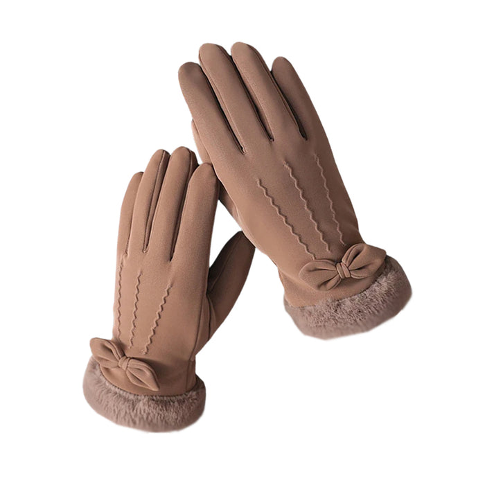 Anygloves Winter Gloves Khaki Thicken Fleece Waterproof Windproof Full Finger Hand Warmer Bow Tie Mittens For Women