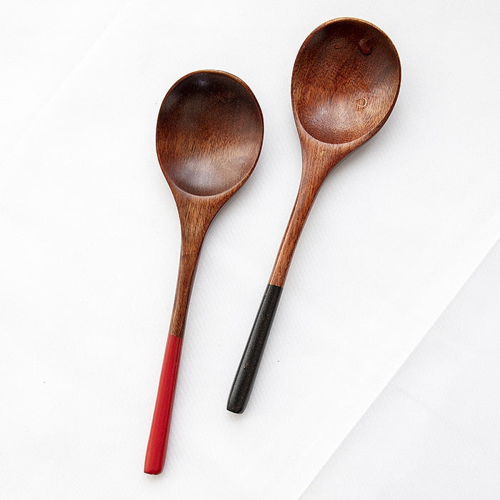 Anygleam Brown Black 2pcs Big Wooden Soup Spoon Kitchen Tableware