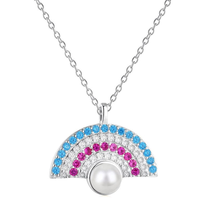 Anyco Necklace 925 Silver for Women Blue Purple Fan Shaped Pearl Pendant Rhodium Platting Jewelry