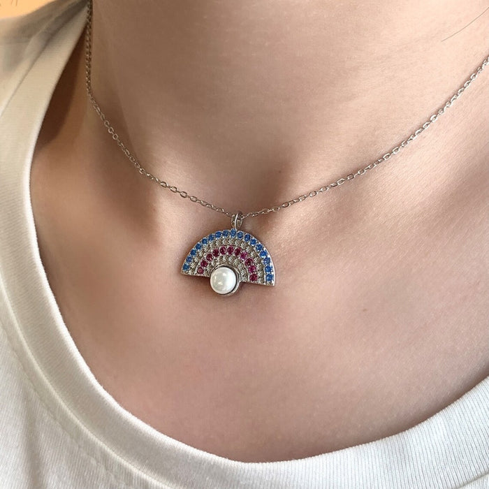 Anyco Necklace 925 Silver for Women Blue Purple Fan Shaped Pearl Pendant Rhodium Platting Jewelry