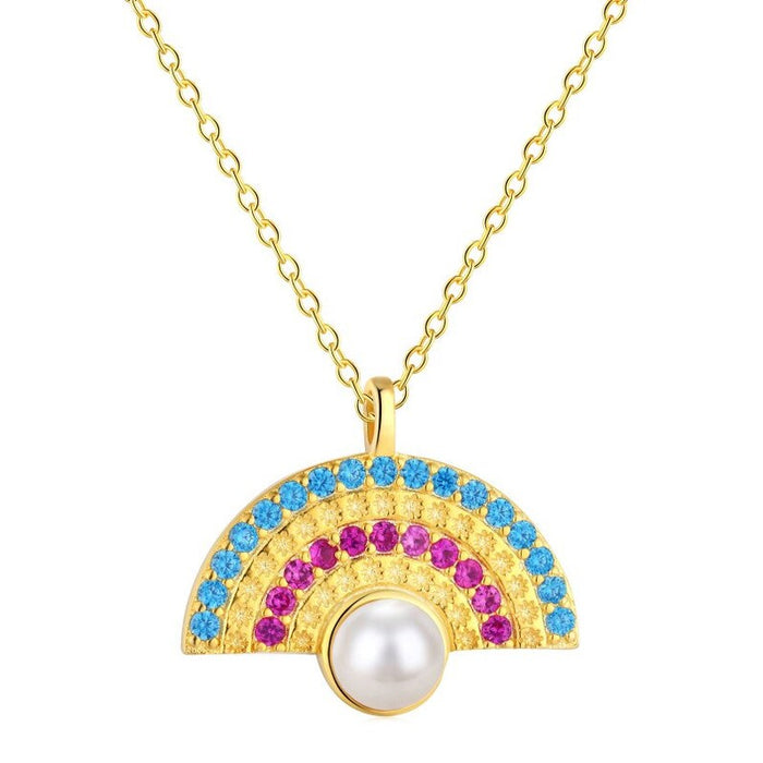 Anyco Necklace 925 Silver for Women Blue Purple Fan Shaped Pearl Pendant Gold Platting Jewelry