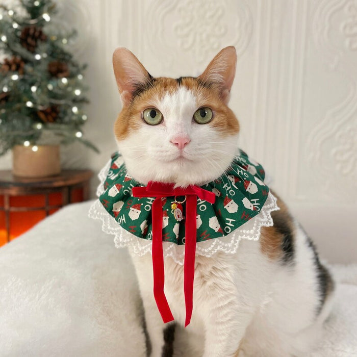 Anywags Pet Collar White Printed With Green Ribbon Christmas Lace Silk Ribbon Scarf Dog Cats Holiday Accessories