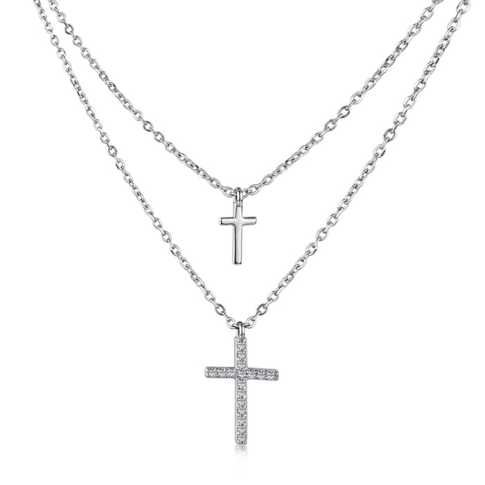 Anyco Necklace 925 Silver for Women Double Layer Crossed Layered Rhodium Platting Jewelry