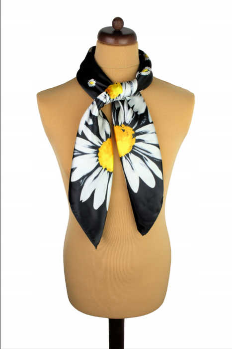 Anyyou Scarf for Women Daisy Black Floral Printed Square Silk Shawl For Summer Spring And Fall