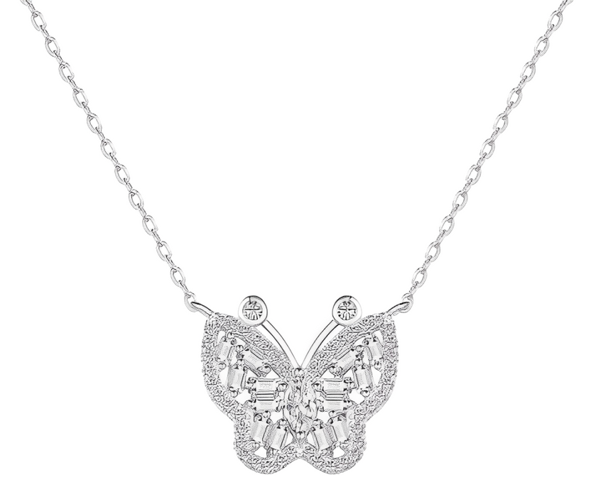 Anyco Necklace Rhodium Plated 925 Silver Diamond Butterfly Pendant Cubic Zirconia 5A Jewelry