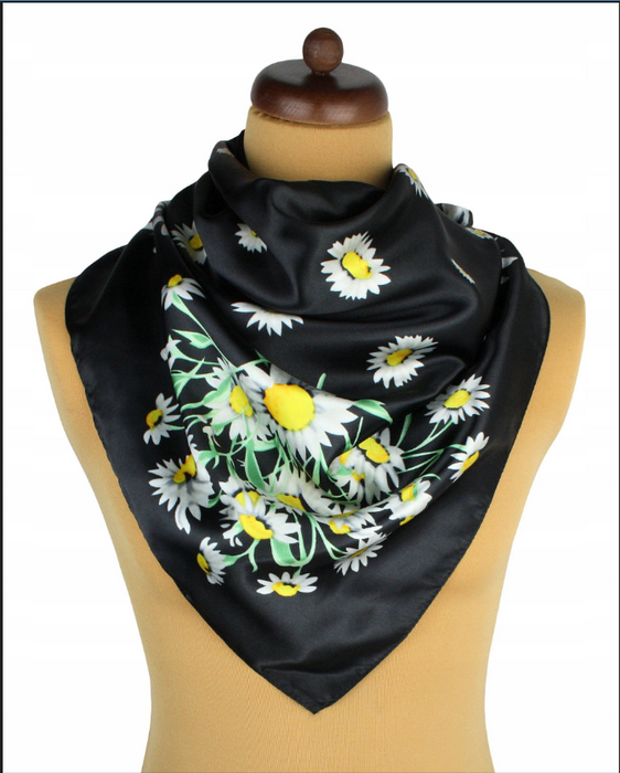 Anyyou Scarf for Women Daisy Black Floral Printed Square Silk Shawl For Summer Spring And Fall