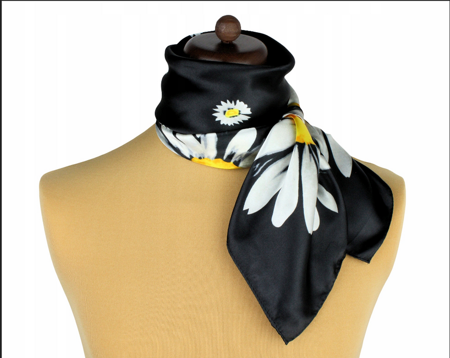 Anyyou Scarf for Women Daisy Black Floral Printed Square Silk Shawl For Summer Spring And Fall