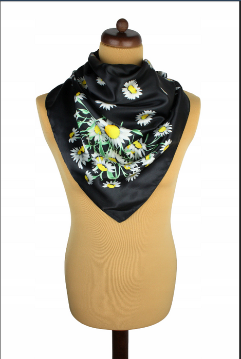 Anyyou Scarf for Women Daisy Black Floral Printed Square Silk Shawl For Summer Spring And Fall