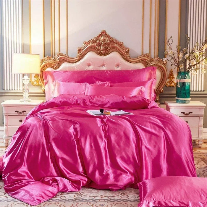 Anyhouz Beddings Hot Pink AU EU King Size 3 Pc High End Satin Smooth Duvet Cover Set Luxury Polyester Silky Soft Cozy Bedding Set