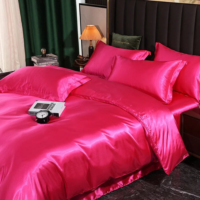 Anyhouz Beddings Hot Pink US Queen Size 3 Pcs High End Satin Smooth Duvet Cover Set Luxury Polyester Silky Soft Cozy Bedding Set