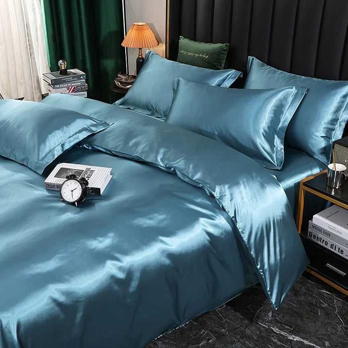 Anyhouz Beddings Blue US King Size 3 Pcs High End Satin Smooth Duvet Cover Set Luxury Polyester Silky Soft Cozy Bedding Set