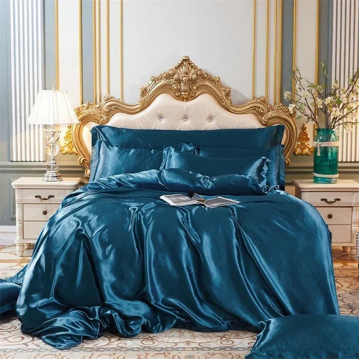 Anyhouz Beddings Blue AU Queen Size 3 Pcs High End Satin Smooth Duvet Cover Set Luxury Polyester Silky Soft Cozy Bedding Set