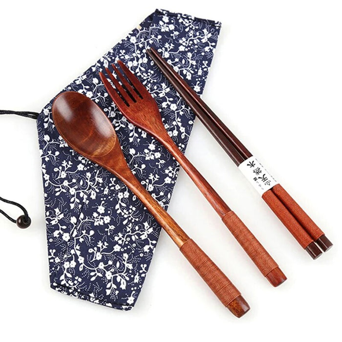 Anygleam Orange Blue Pouch 3pcs Dinnerware Set Wooden Spoon Fork Chopsticks Reusable Kitchen Tableware