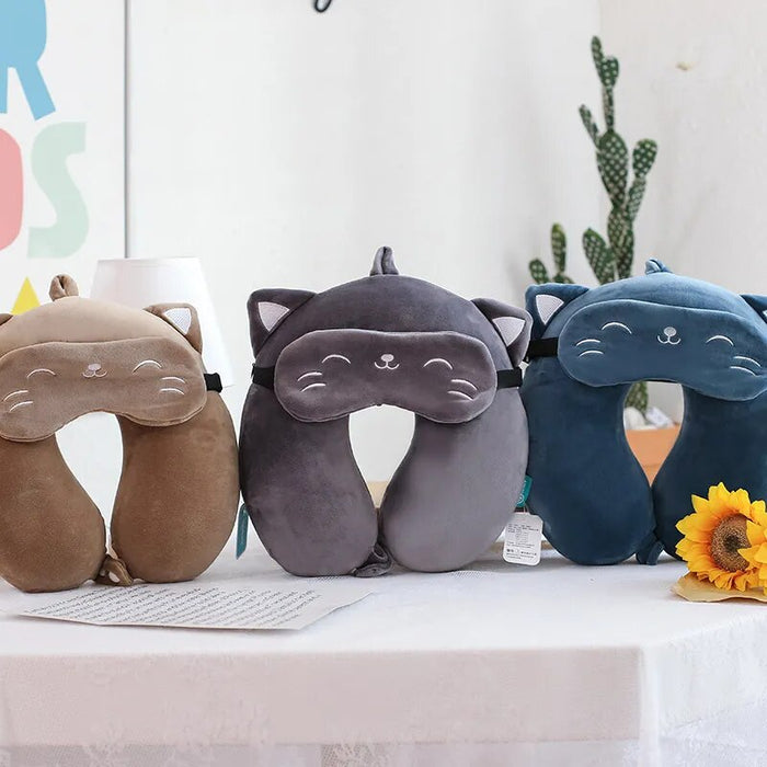 Anypack Neck Pillow Gray Cat Cartoon Memory Cotton U-shaped Soft Fluffy Comfortable Sleep Headrest