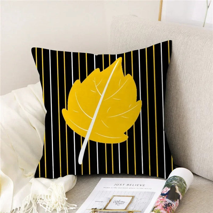 Anyhouz Pillowcase Black Striped with Yellow Leaf Print Cotton Polyester Cushion Cover