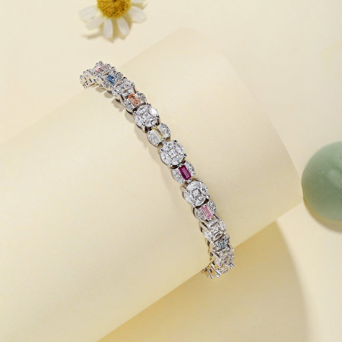 Anyco Bracelet Square Shape Colorful S925 Sterling Silver Bracelet Jewelry Set Cubic Zirconia Pink Stone Diamond Tennis Bracelets Women