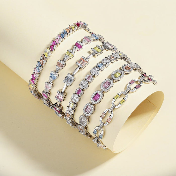 Anyco Bracelet Square Shape Colorful S925 Sterling Silver Bracelet Jewelry Set Cubic Zirconia Pink Stone Diamond Tennis Bracelets Women