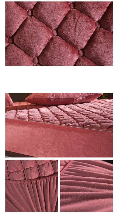 Anyhouz Mattress Cover Bean Red Twin Size Crystal Velvet Thicken Quilted Warm Soft Plush Bed Sheet