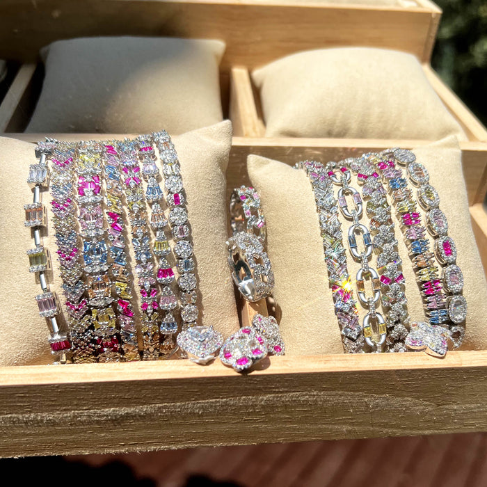 Anyco Bracelet Square Shape Colorful S925 Sterling Silver Bracelet Jewelry Set Cubic Zirconia Pink Stone Diamond Tennis Bracelets Women