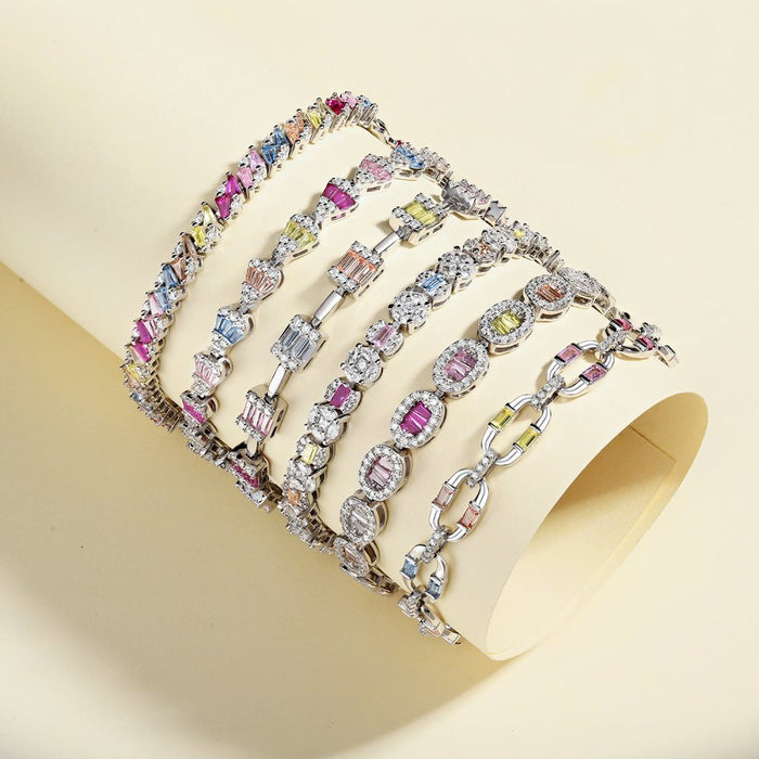 Anyco Bracelet Eternity Band Colorful S925 Sterling Silver Bracelet Jewelry Set Cubic Zirconia Pink Stone Diamond Tennis Bracelets Women