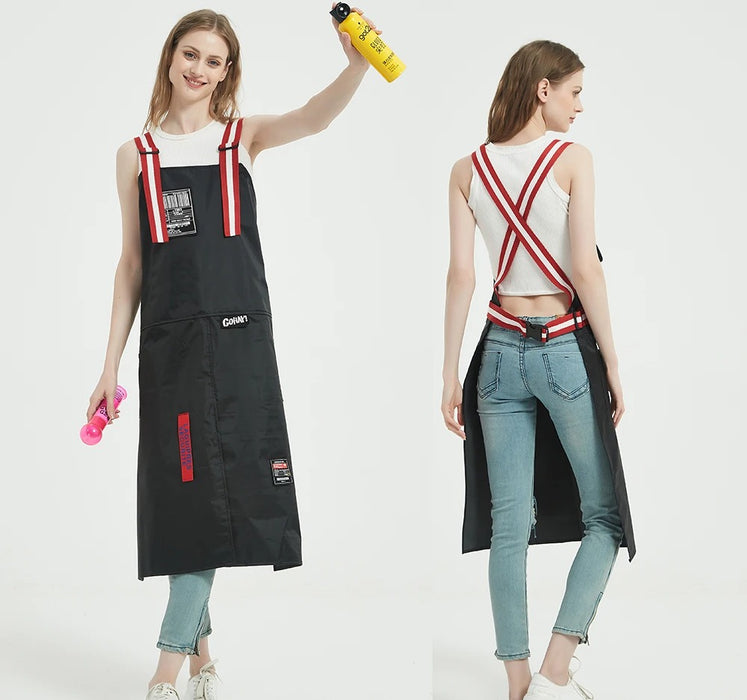 Anyhouz Kitchen Apron Black with red 2 Bags Bibs Trendy Waterproof Oil Resistant Overall Chef Adjustable Nail Salon