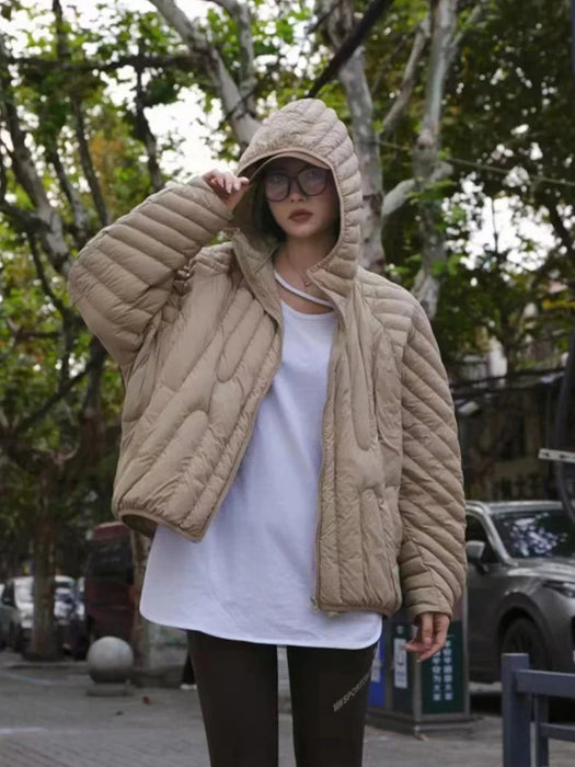 Anychic Puffer Jacket Beige Womens Oversize Ultra Light Down Warm Winter Hooded Coat