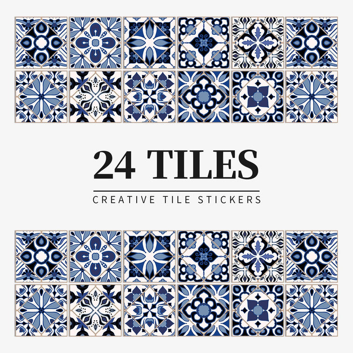 Anyhouz Wallpaper Navy Blue 10cmx10cm 24 Pcs Modern Retro Style PVC Tile Stickers Waterproof Self Adhesive Wall Home Decor