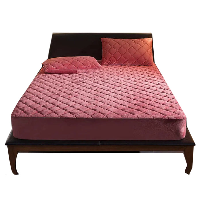 Anyhouz Mattress Cover Bean Red Twin Size Crystal Velvet Thicken Quilted Warm Soft Plush Bed Sheet