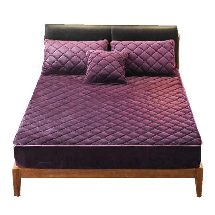 Anyhouz Mattress Cover Dark Purple King Size Crystal Velvet Thicken Quilted Warm Soft Plush Bed Sheet