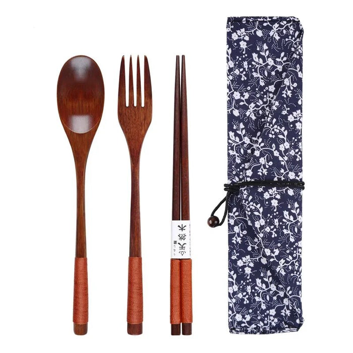 Anygleam Orange Blue Pouch 3pcs Dinnerware Set Wooden Spoon Fork Chopsticks Reusable Kitchen Tableware