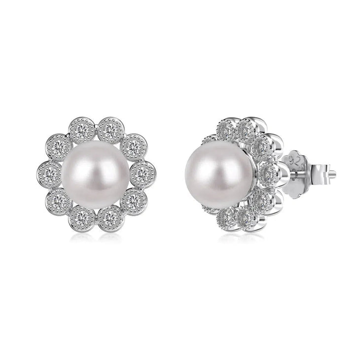 Anyco Earrings 925 Silver Floral Pearl Diamond Studded Trendy Fashion Accessories