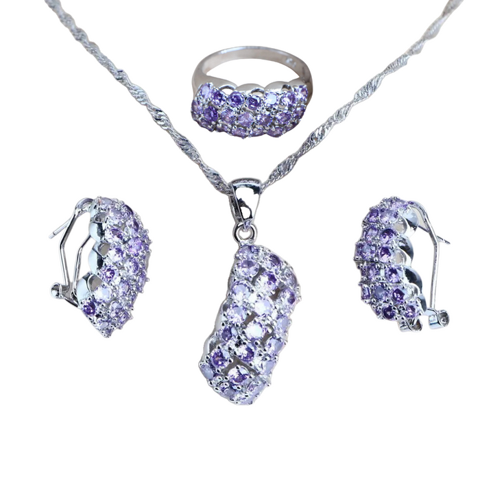 Anyco Jewelry Set 3Pcs Purple Oval Stone Zircon 925 Silver Ring Necklace And Earrings Women Fashion Accessories