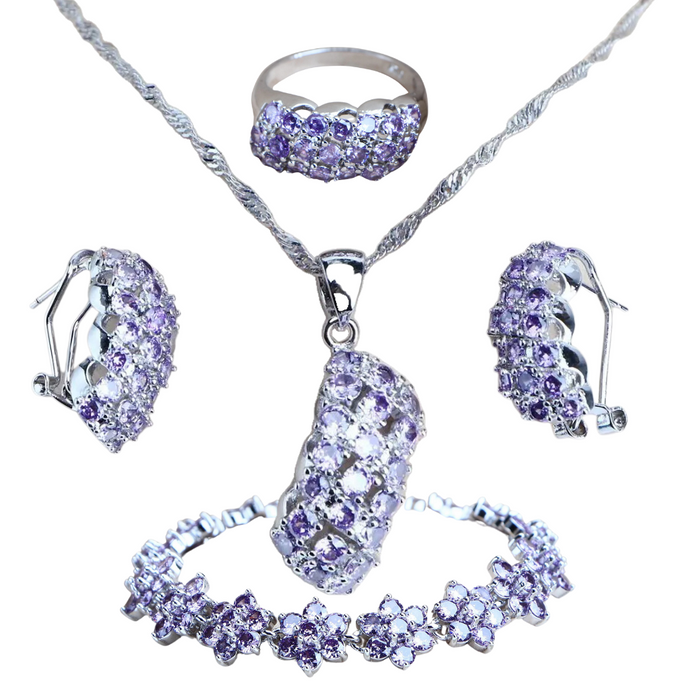 Anyco Jewelry Set 4Pcs Purple Oval Stone Zircon 925 Silver Ring Necklace Earrings And Floral Bracelet Women Fashion Accessories