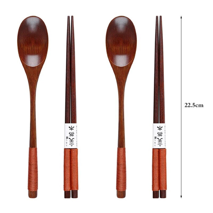 Anygleam Brown 4pcs Wooden Chopsticks and Long Ladle Set Reusable Kitchen Tableware