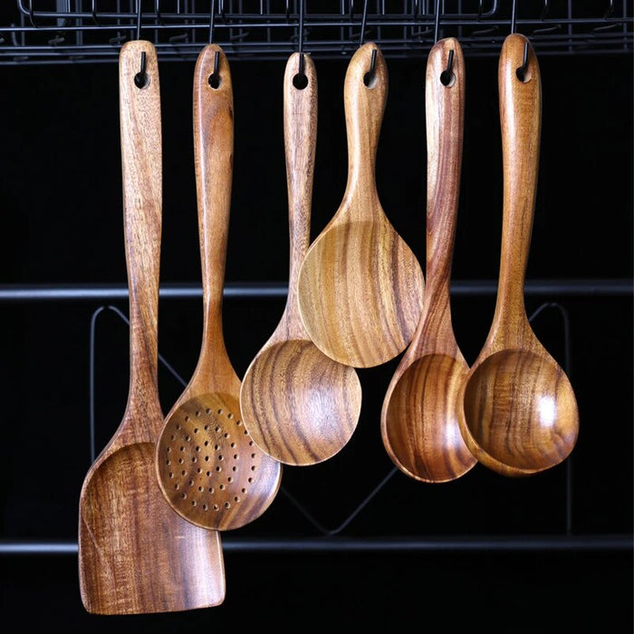 Anygleam Natural Wood 7pcs Wooden Spoon Kitchen Tableware