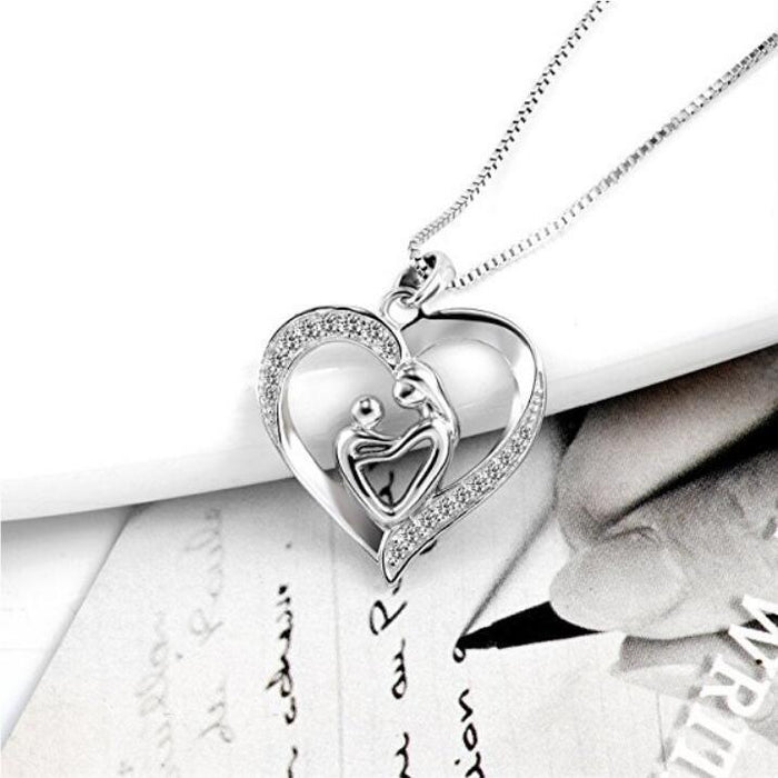 Anyco Necklace 925 Silver for Women Mother and Child Heart Pendant Cubic Zirconia 5A Rhodium Platting Jewelry